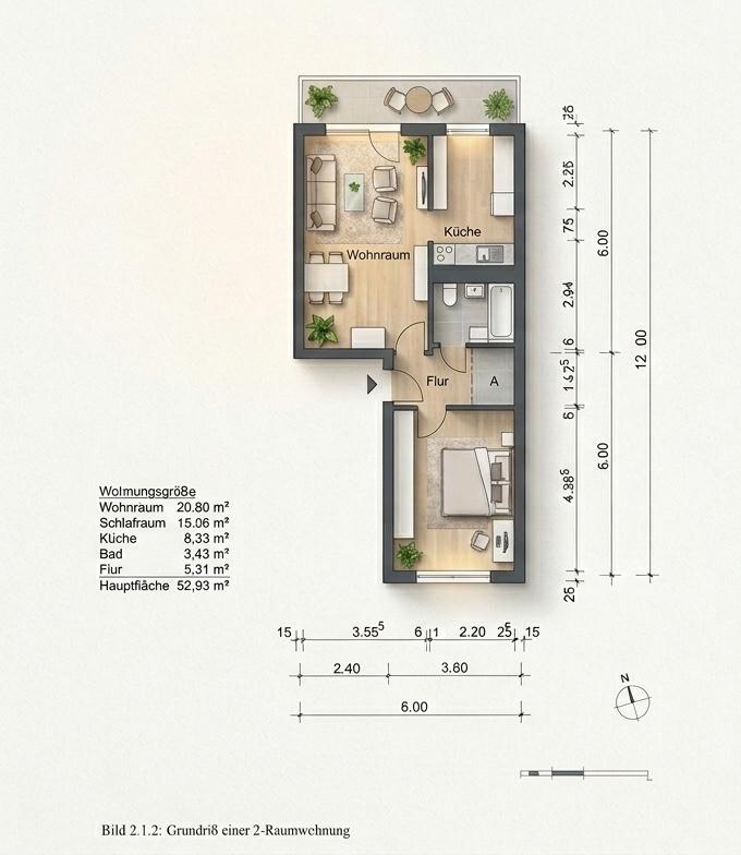 Grundriss einer 2-Zimmerwohnung