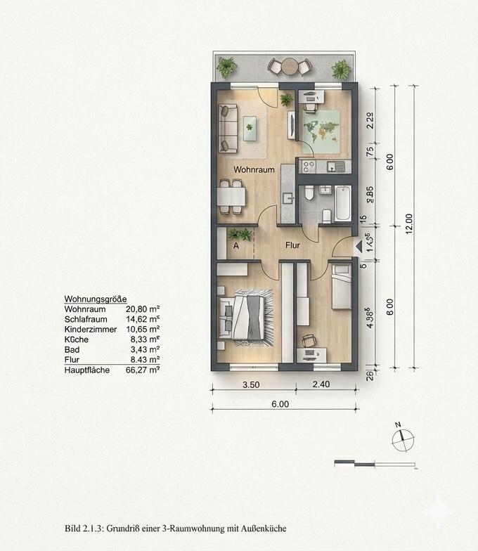 Grundriss einer 3-Zimmerwohnung